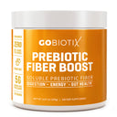 GoBiotix Prebiotic Fiber Boost powder supplement bottle. Daily digestive support prebiotic fiber powder