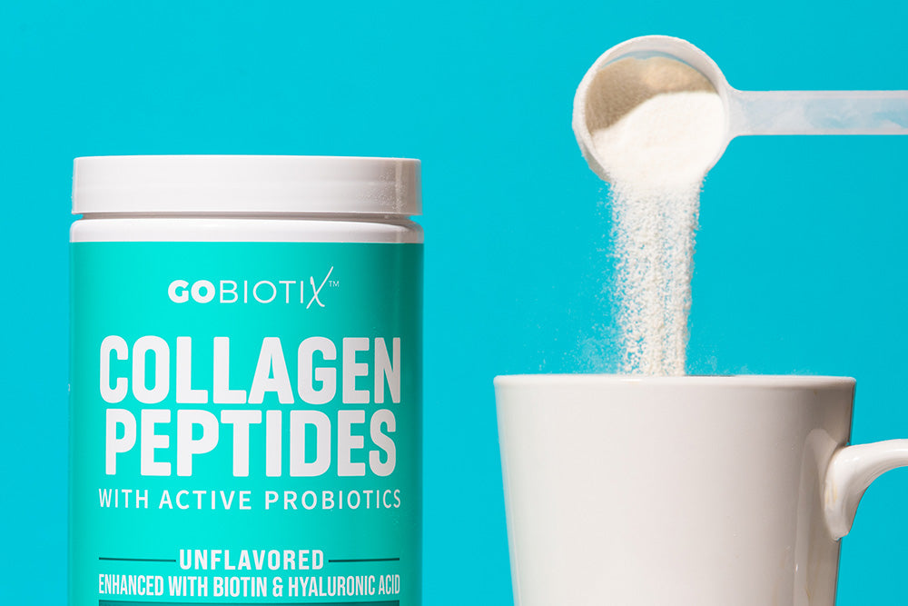 Gobiotix collagen peptides with a scoop pouring into a mug on a blue background